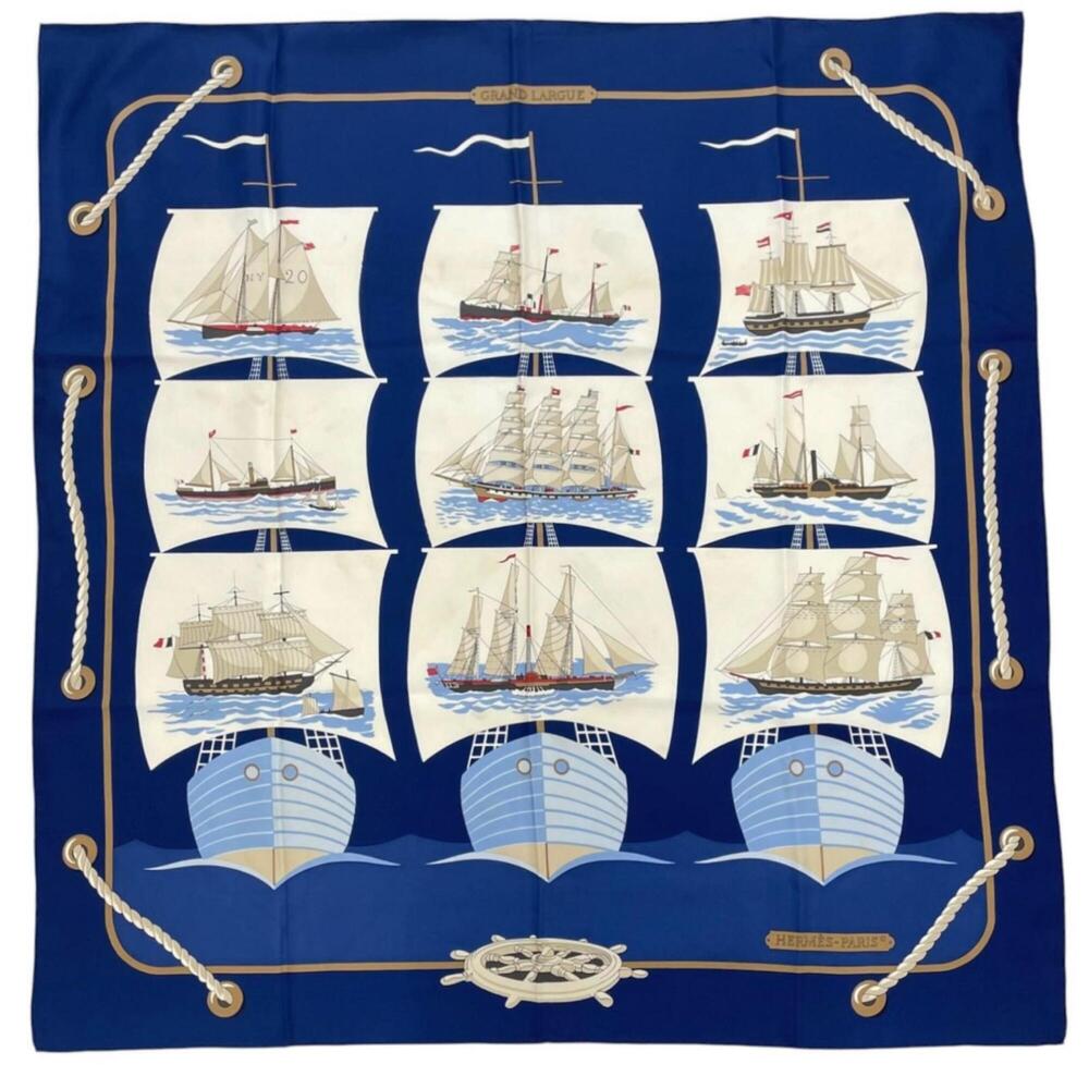 HERMES Carre 90 GRAND LARGUE Scarf/Muffler, Silk, Blue, Women's